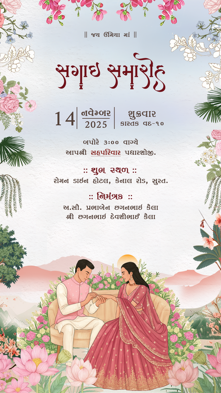 A decorative Gujarati wedding invitation card with floral borders, a couple seated on a sofa at the bottom, and large red and black text on a soft pastel background.