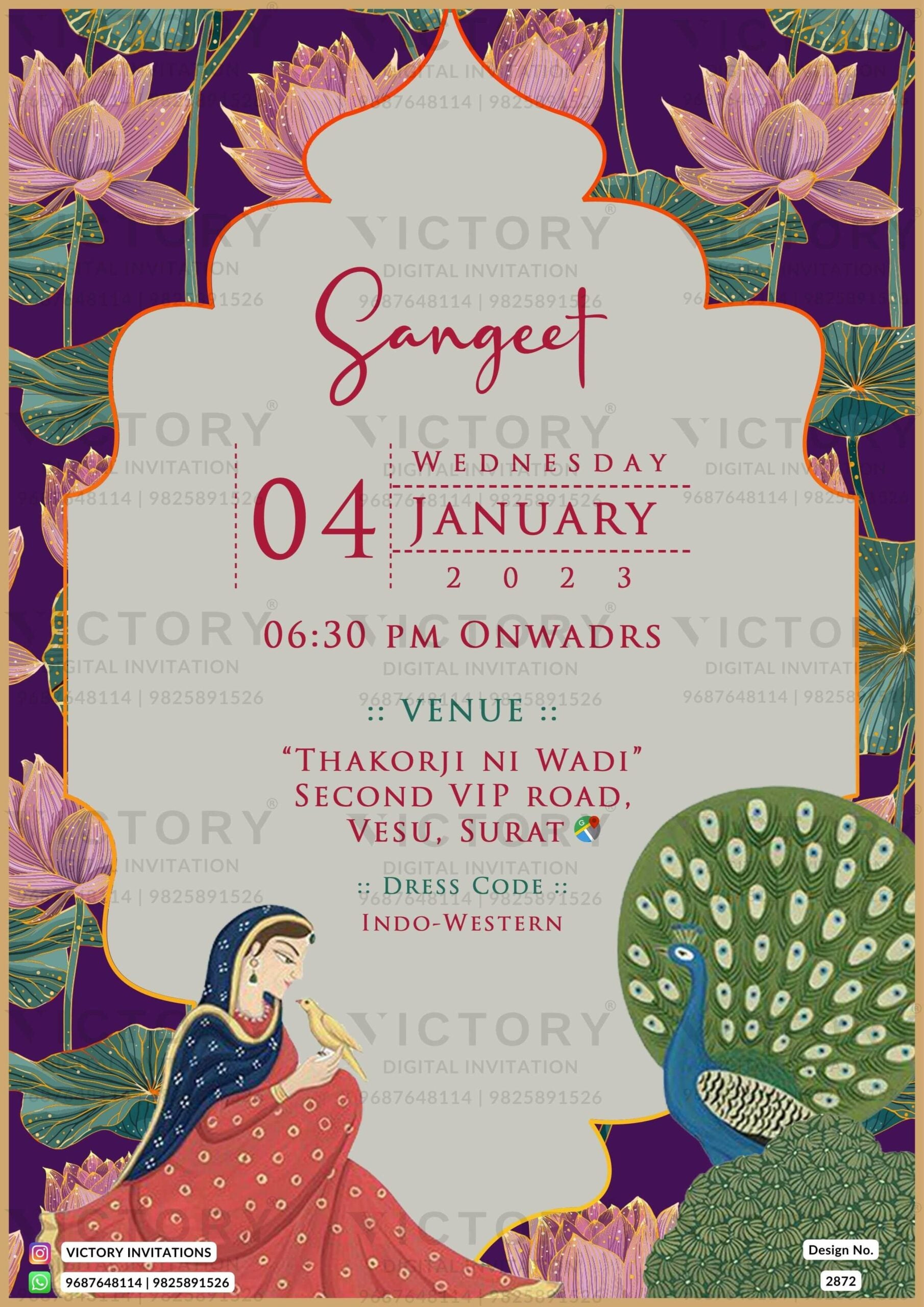 A Digital Wedding Ceremony Invitation Cards in Vibrant Hues with pink Lotus illustrating with couple's logo. Design no. 2872