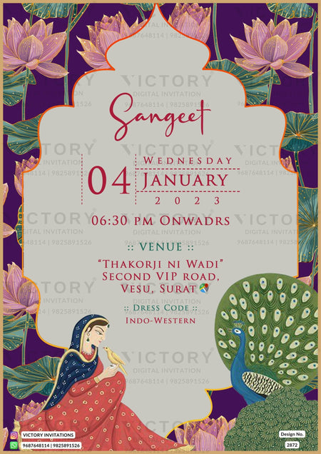 A Digital Wedding Ceremony Invitation Cards in Vibrant Hues with pink Lotus illustrating with couple's logo. Design no. 2872