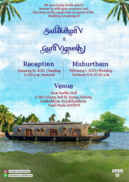 Wedding ceremony invitation card of hindu south indian tamil family in english language with boat theme design 5