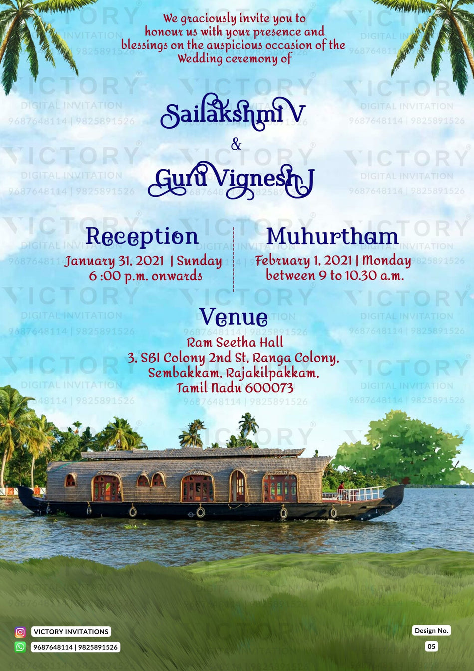 Wedding ceremony invitation card of hindu south indian tamil family in english language with boat theme design 5