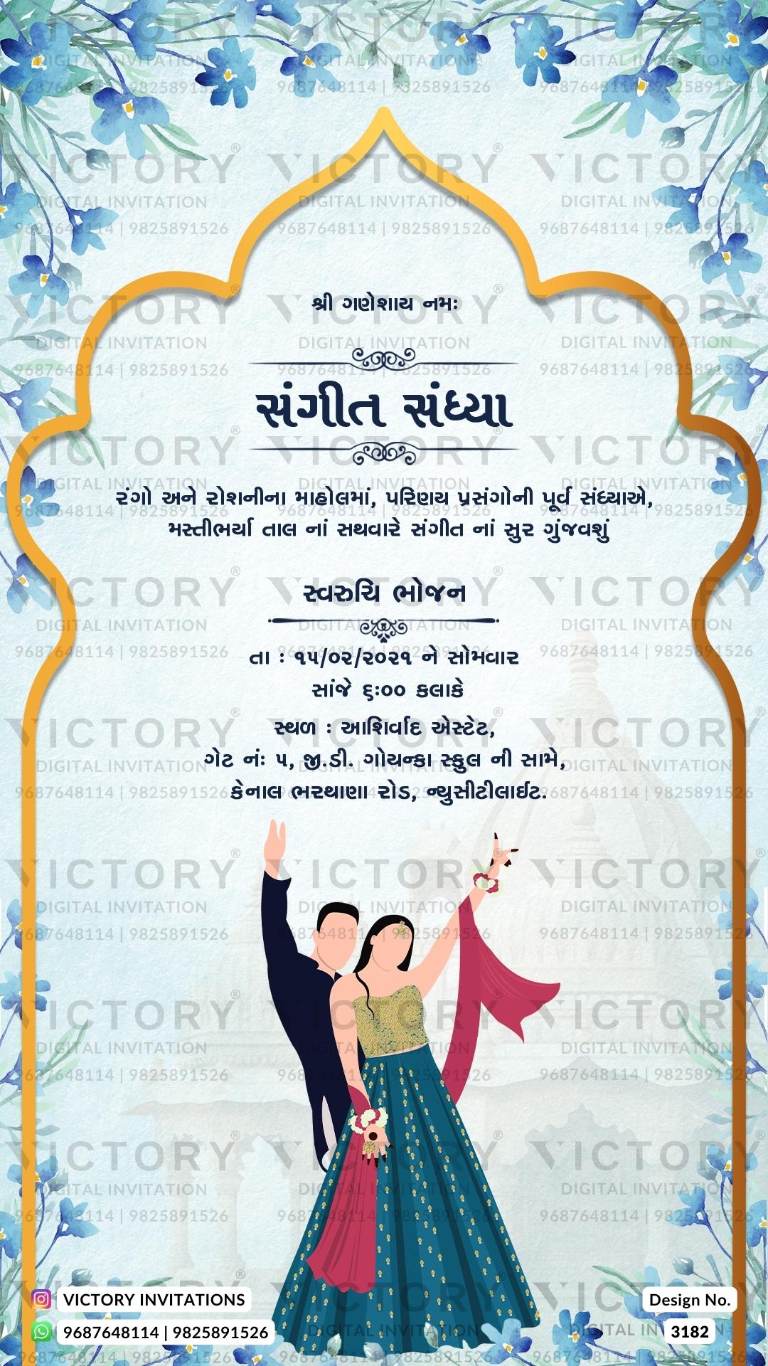A Mesmerizing Wedding Invitation Unveiling a vintage of Colors, Ganesha's Motif, Couple's doodles, an Arch, and Floral Splendor, Design no.3182