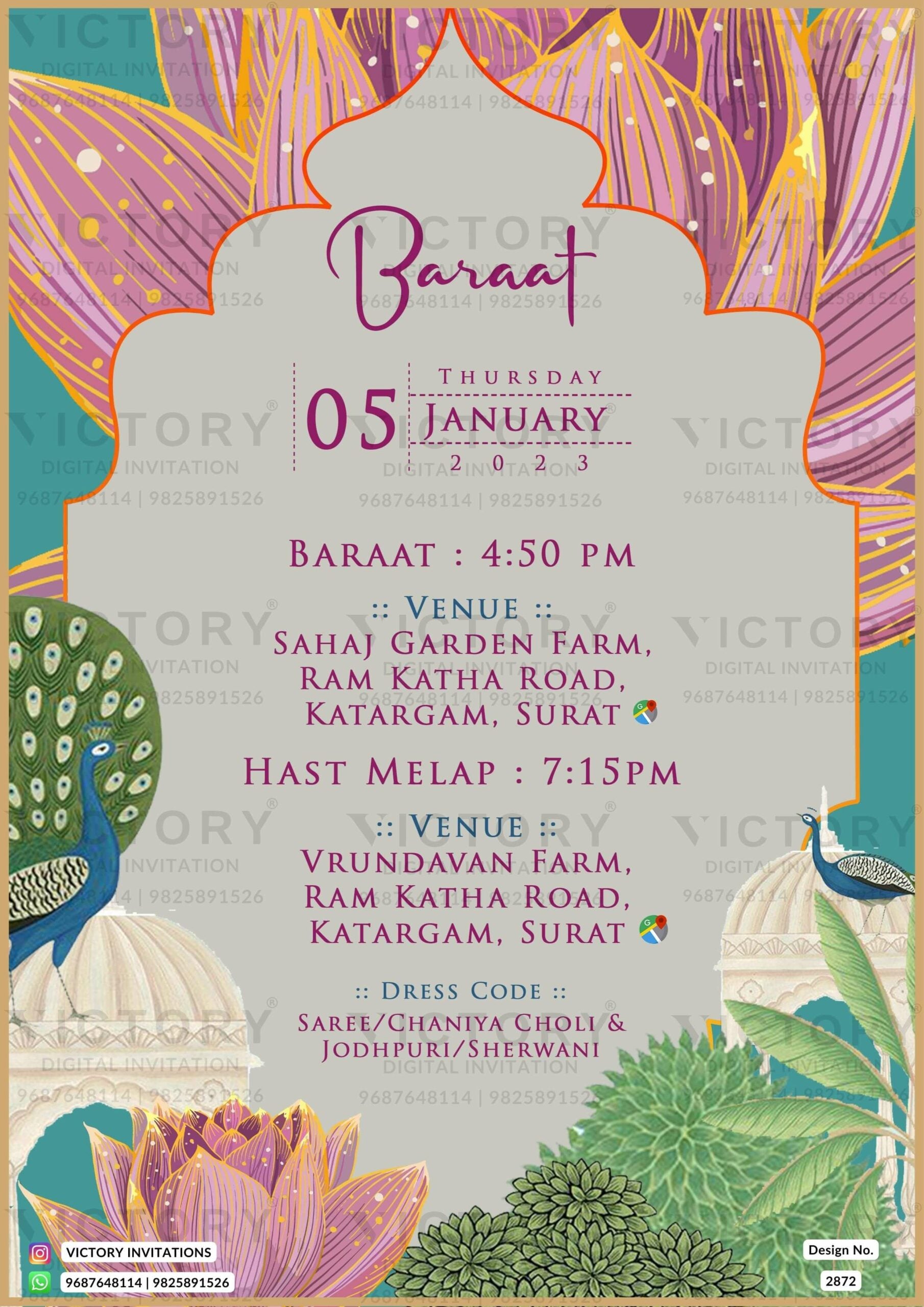 A Digital Wedding Ceremony Invitation Cards in Vibrant Hues with pink Lotus illustrating with couple's logo. Design no. 2872