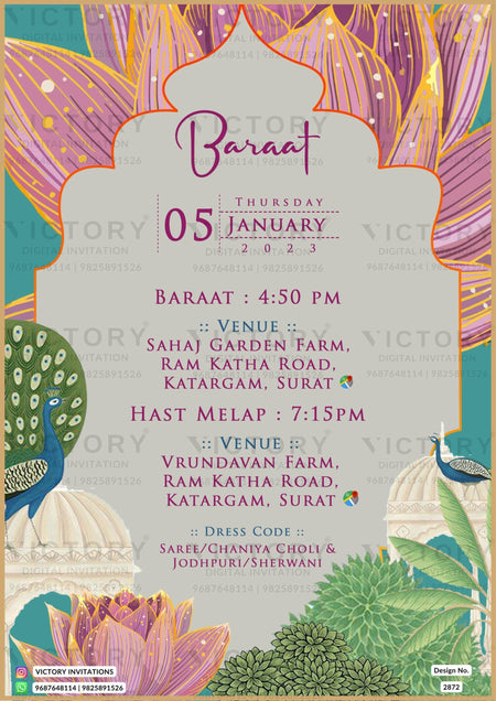 A Digital Wedding Ceremony Invitation Cards in Vibrant Hues with pink Lotus illustrating with couple's logo. Design no. 2872
