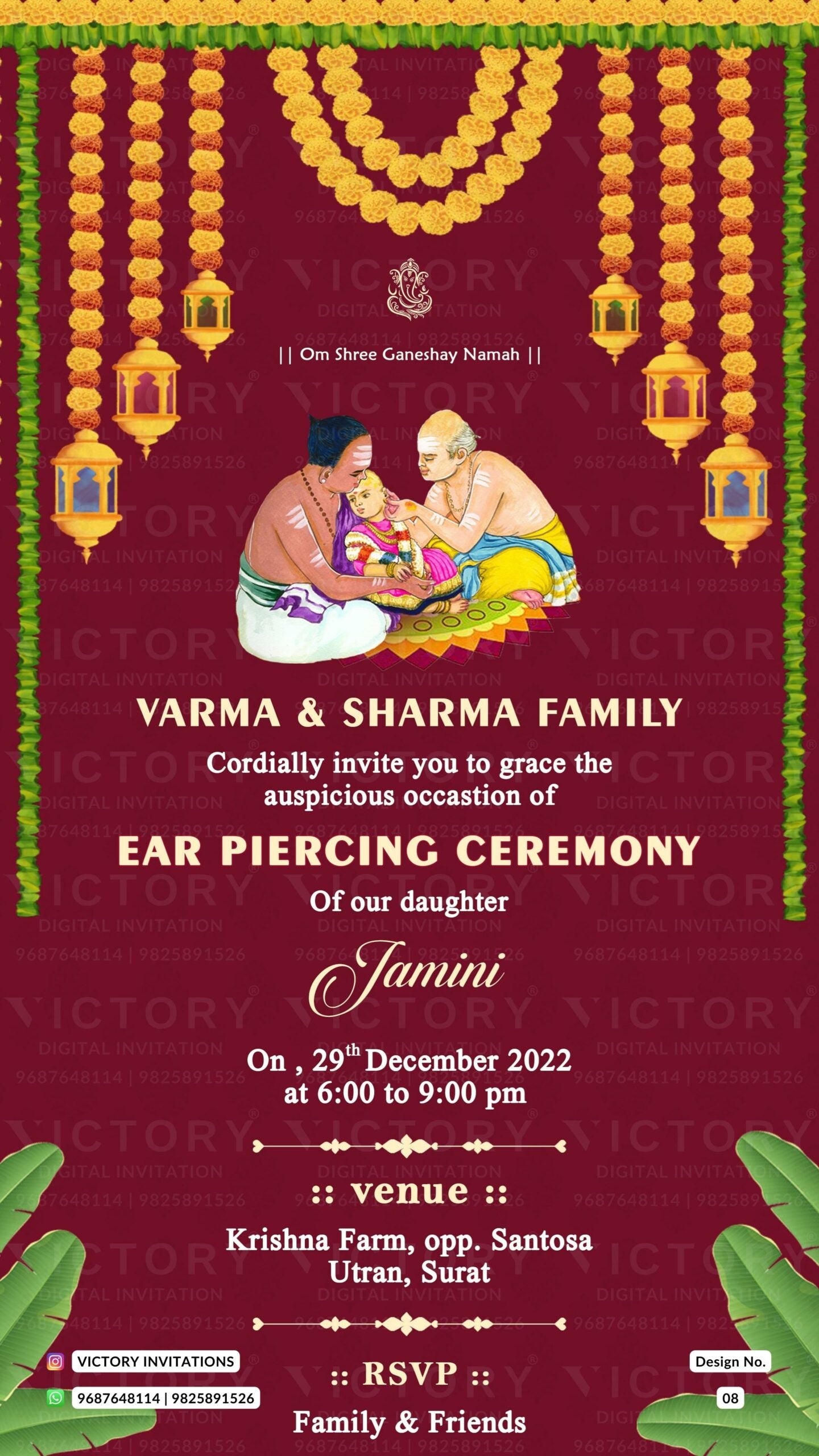 Ear Piercing ceremony invitation card in english language with marigold garland, banana leaves as traditional theme design 8
