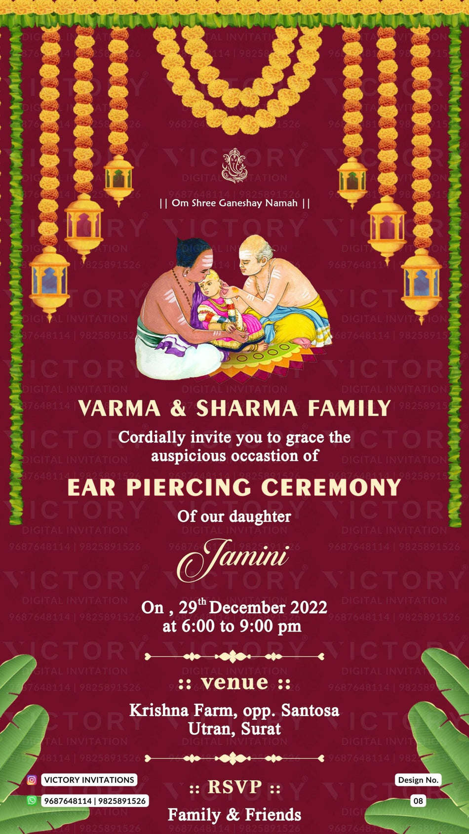 Ear Piercing ceremony invitation card in english language with marigold garland, banana leaves as traditional theme design 8