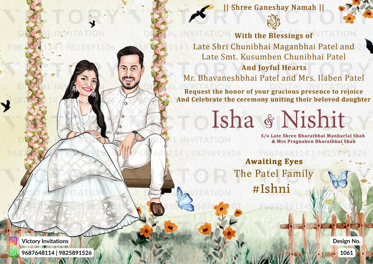 Romantic couple caricature invitation card for wedding ceremony of hindu gujarati patel family in english language with Garden theme design 1061