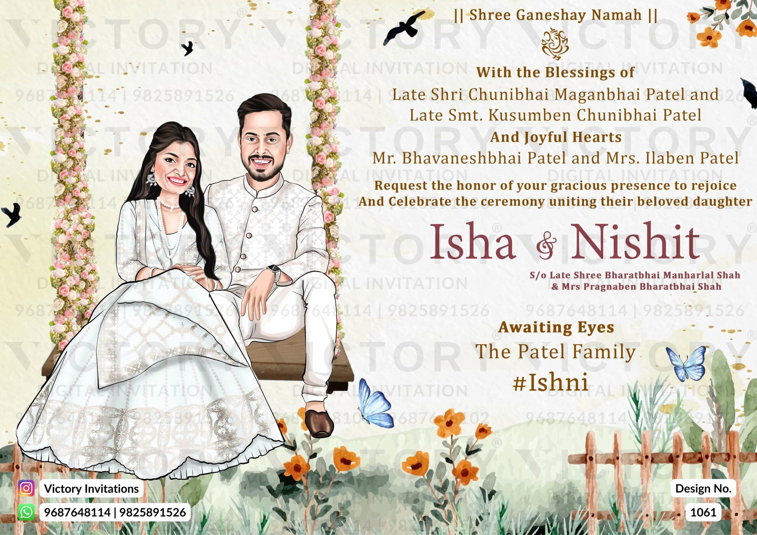 Romantic couple caricature invitation card for wedding ceremony of hindu gujarati patel family in english language with Garden theme design 1061