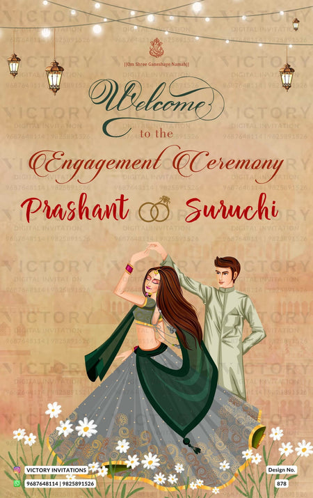 Engagement ceremony invitation card in english language with couple doodle, string lights as minimalistic theme design 878