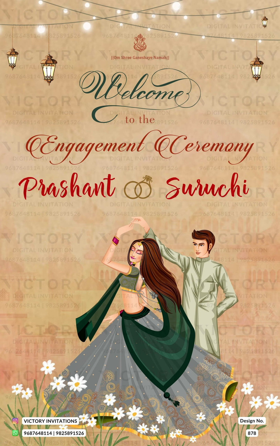 Engagement ceremony invitation card in english language with couple doodle, string lights as minimalistic theme design 878