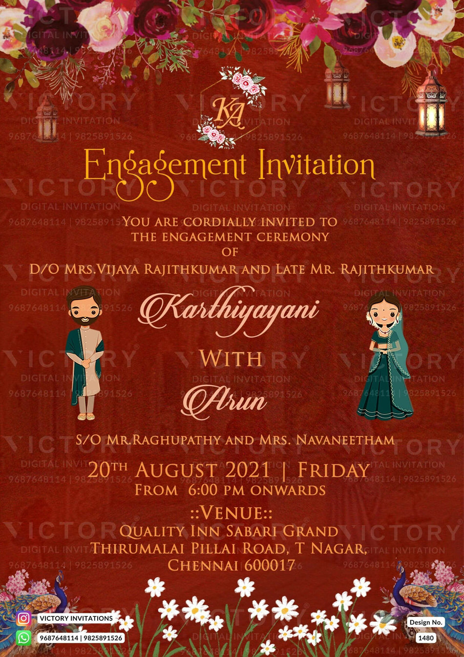 Engagement ceremony invitation card in english language with peacock, umbrella as traditional theme design 1480