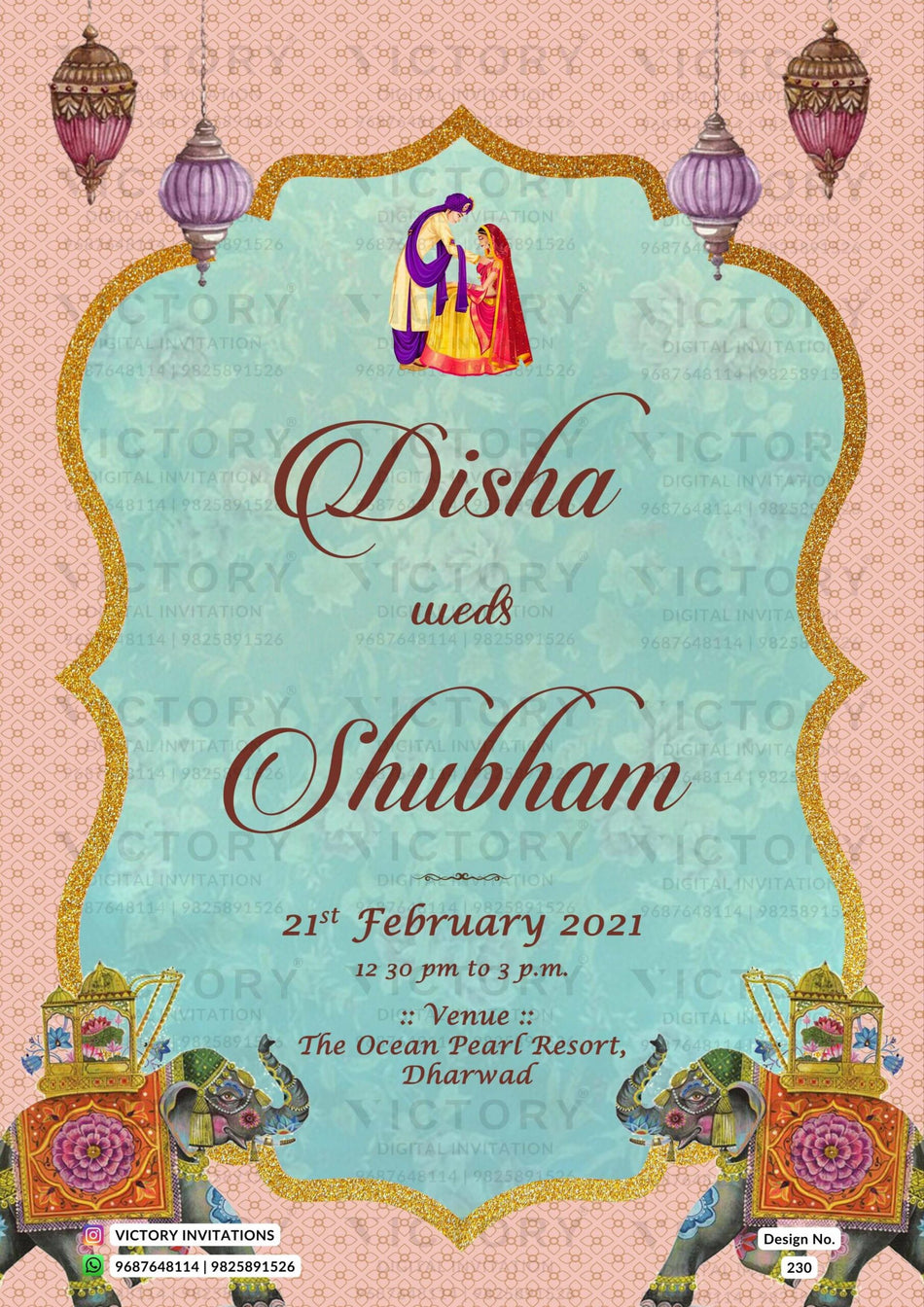 Wedding ceremony invitation card of hindu south indian kannada family in English language with traditional theme design 230