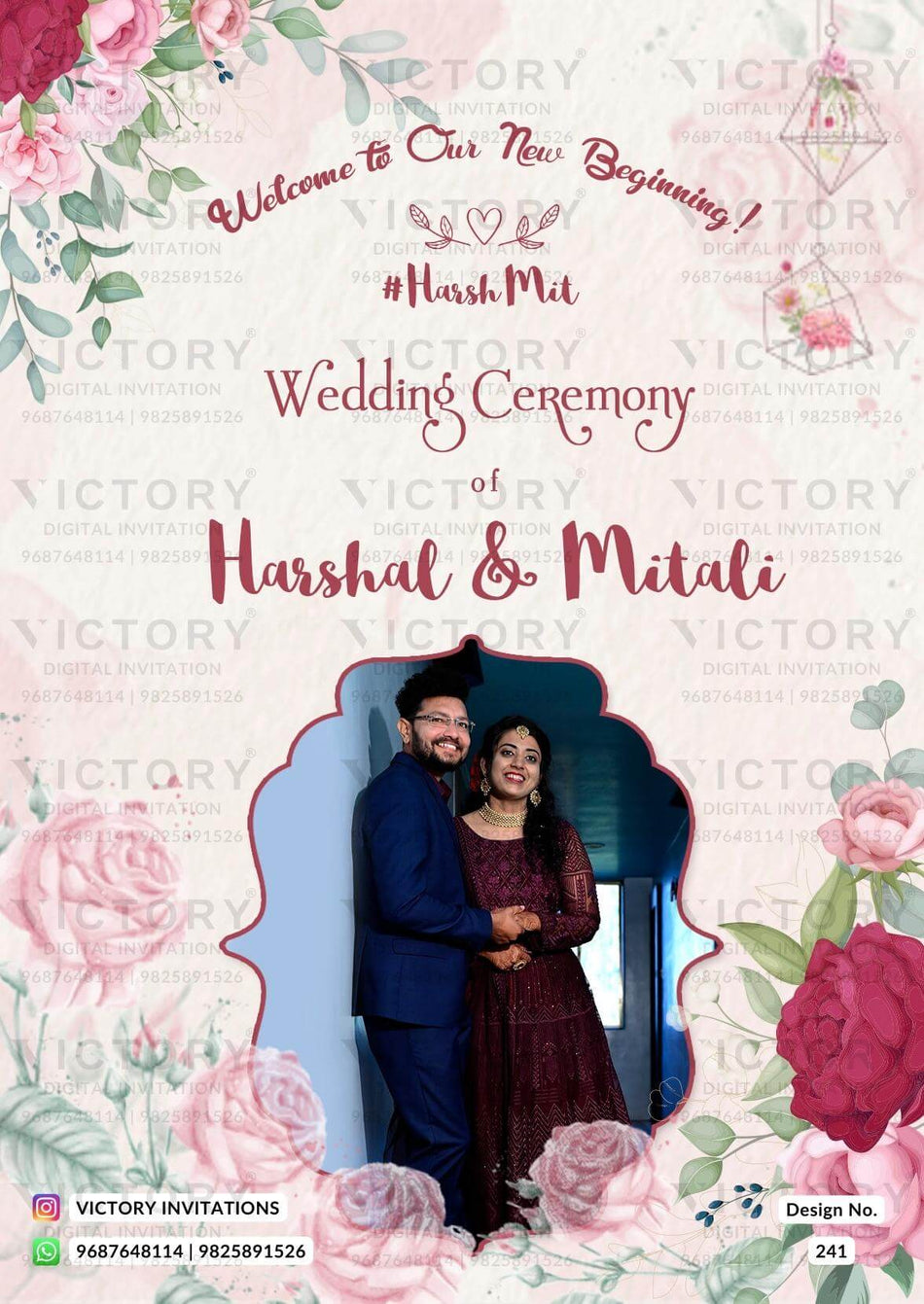 Wedding ceremony invitation card of hindu maharashtrian marathi family in English language with couple photo floral theme design 241