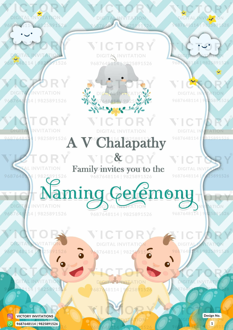 Baby Naming ceremony invitation card in english language with cloud, baby doodle, balloon as arch theme design 1