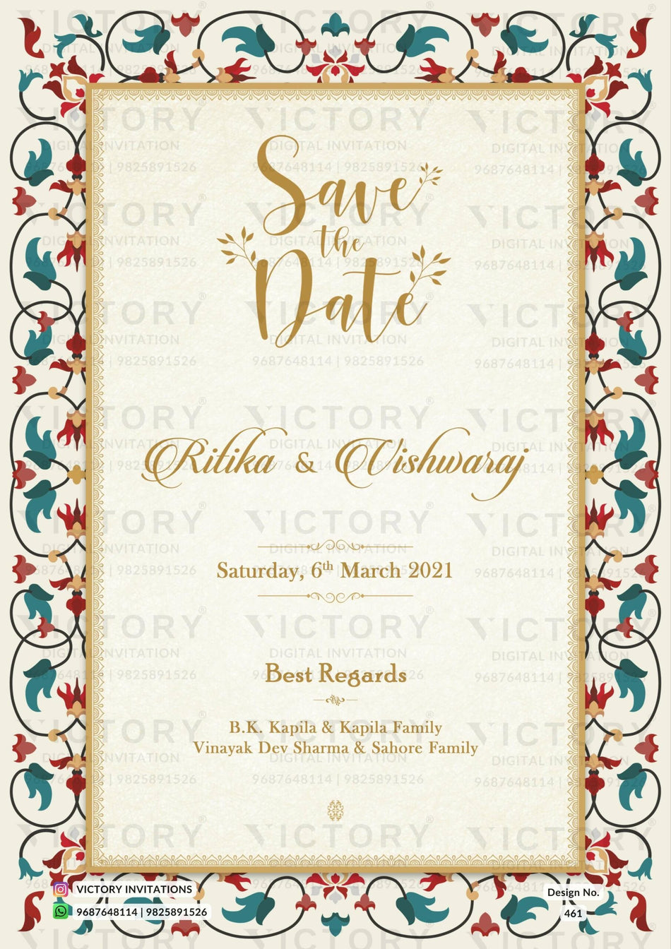 Wedding ceremony invitation card of hindu north indian bhojpuri family in English language with vintage theme design 461