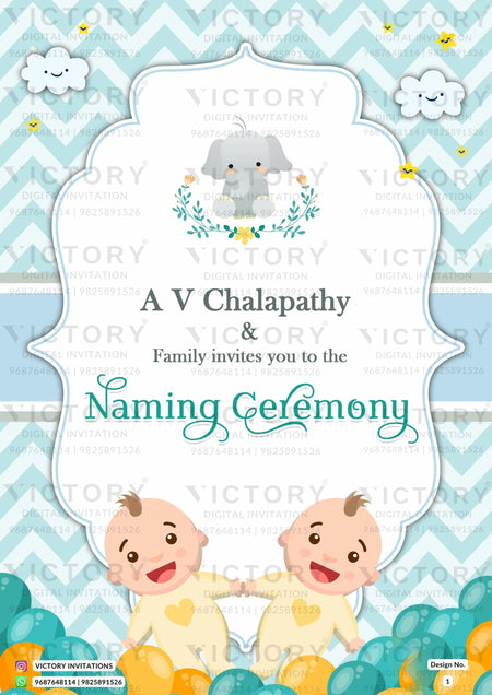 Baby Naming ceremony invitation card in english language with cloud, baby doodle, balloon as arch theme design 1