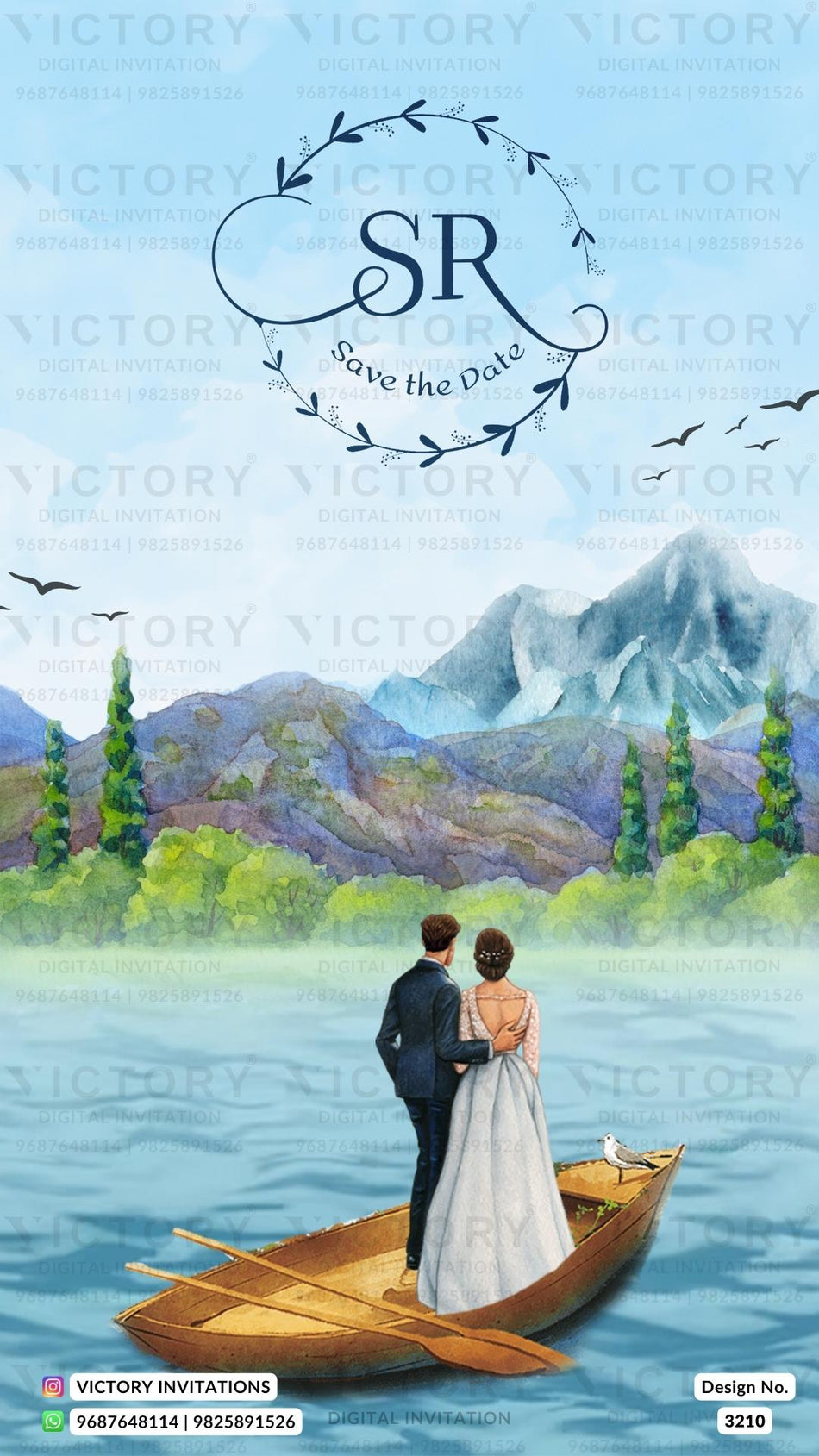 Save the Date card in english language with couple doodle as mountain theme design 3210