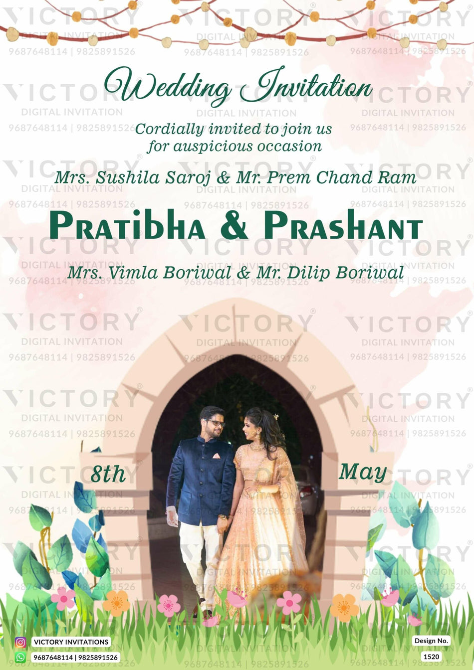 Wedding ceremony invitation card of hindu gujarati patel family in English language with garden theme design 1520