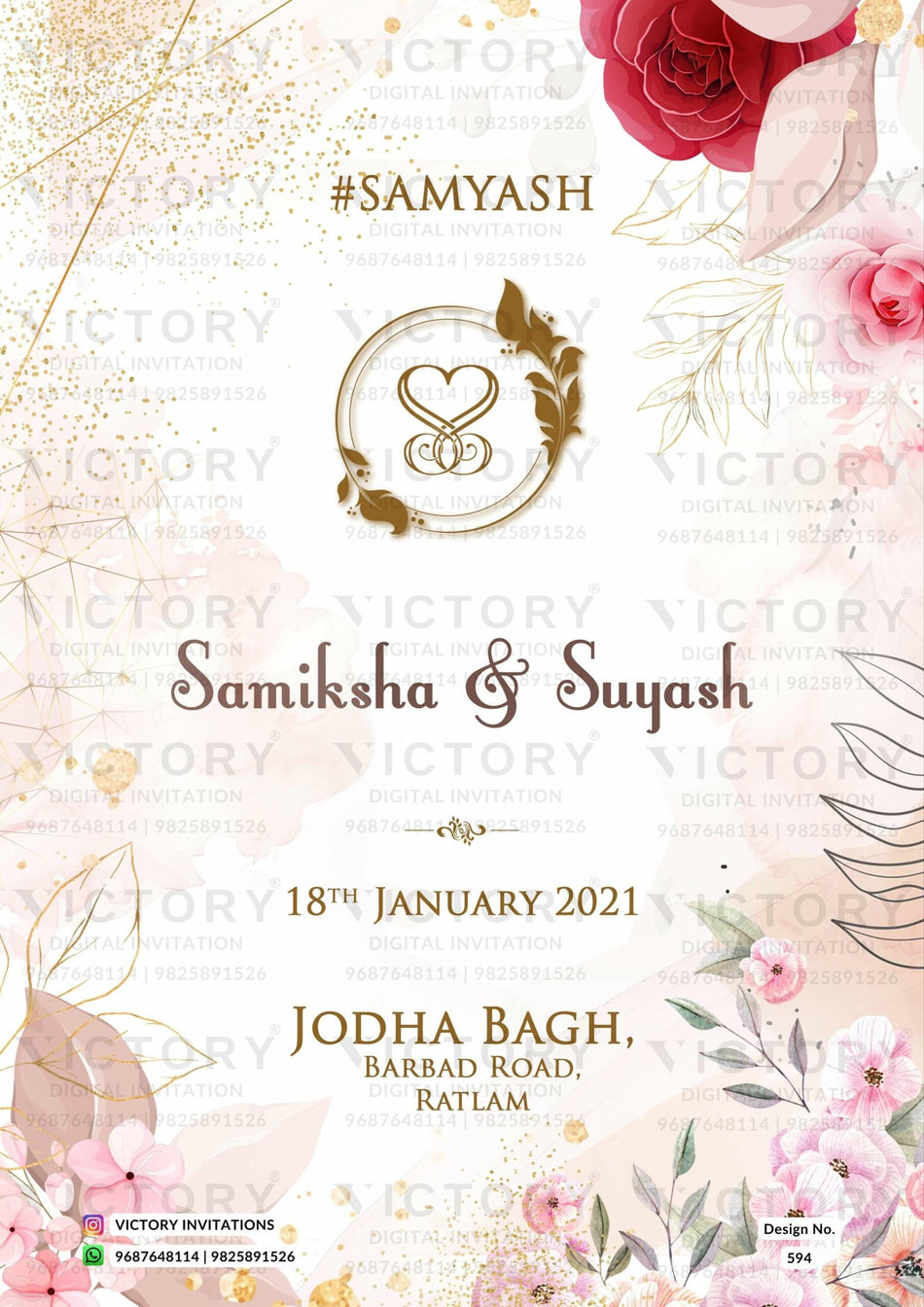 Wedding ceremony invitation card of hindu north indian family in English language with floral theme design 594