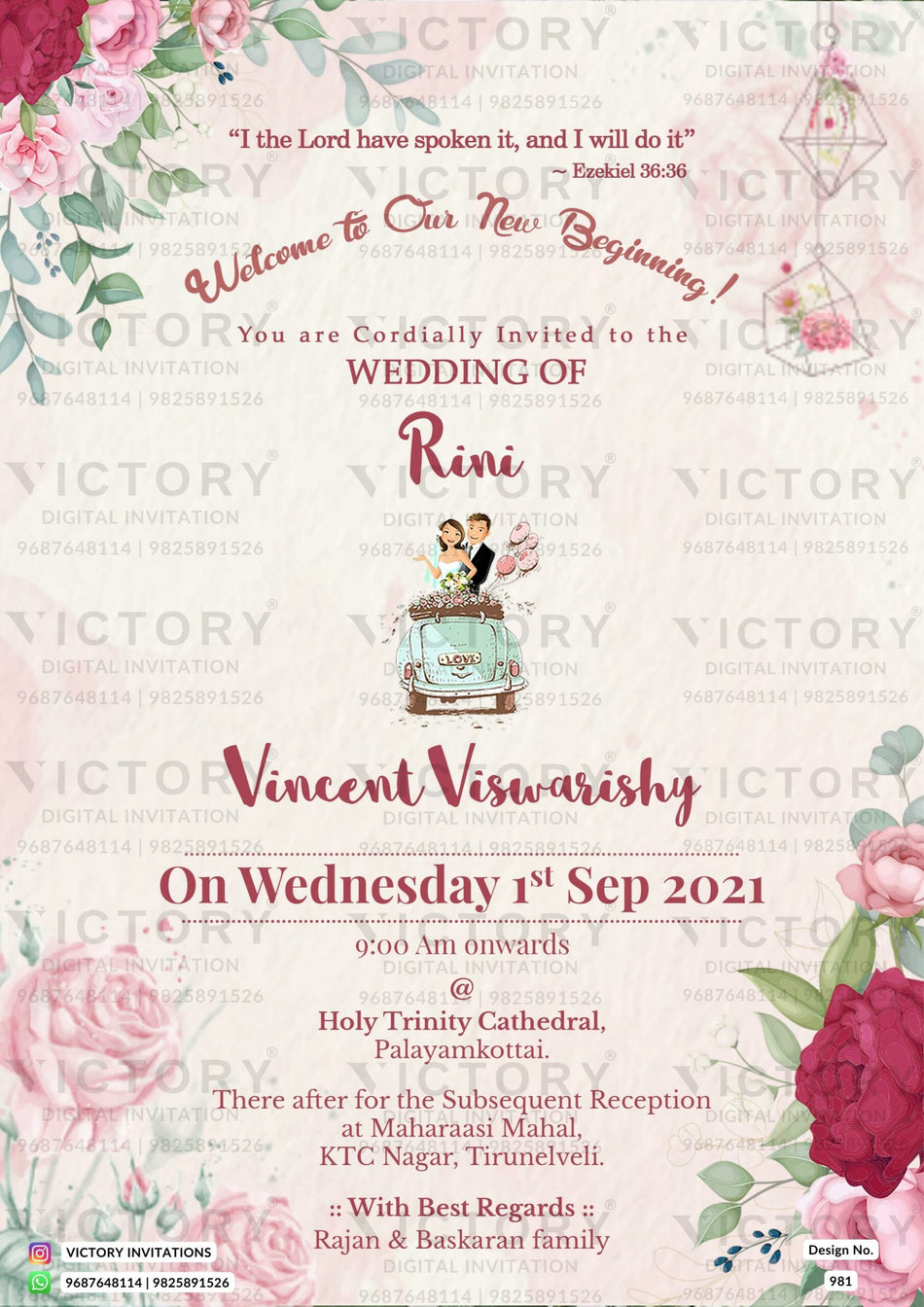 Wedding ceremony invitation card of hindu south indian tamil family in English language with love story theme design 981