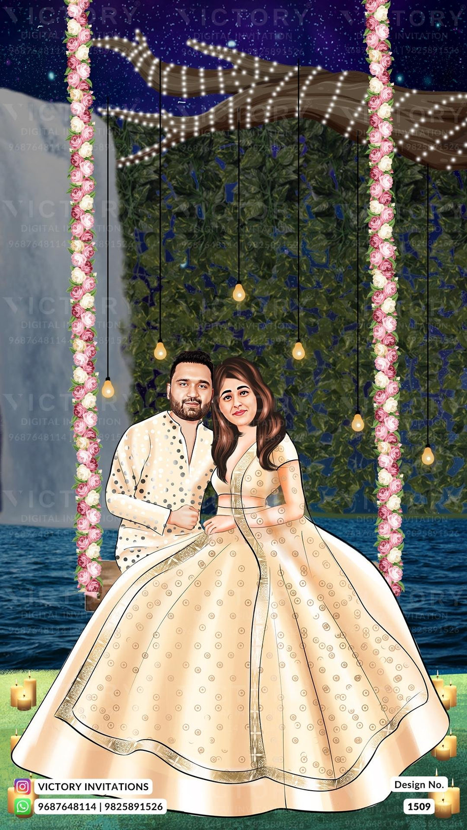 Sitting Romantic couple caricature invitation card for wedding ceremony of hindu punjabi sikh family in english language with Artistic leaves theme design 1509