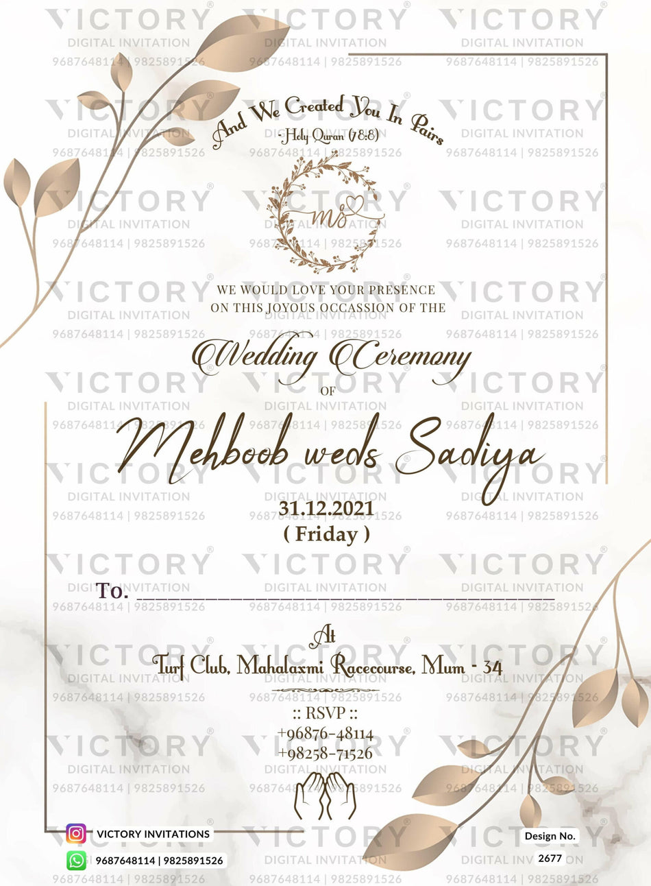 "Enchanting E-invite: Modern-Indian Muslim Wedding on White Marble with Gold Foiled Poppy Designs" design no. 2677