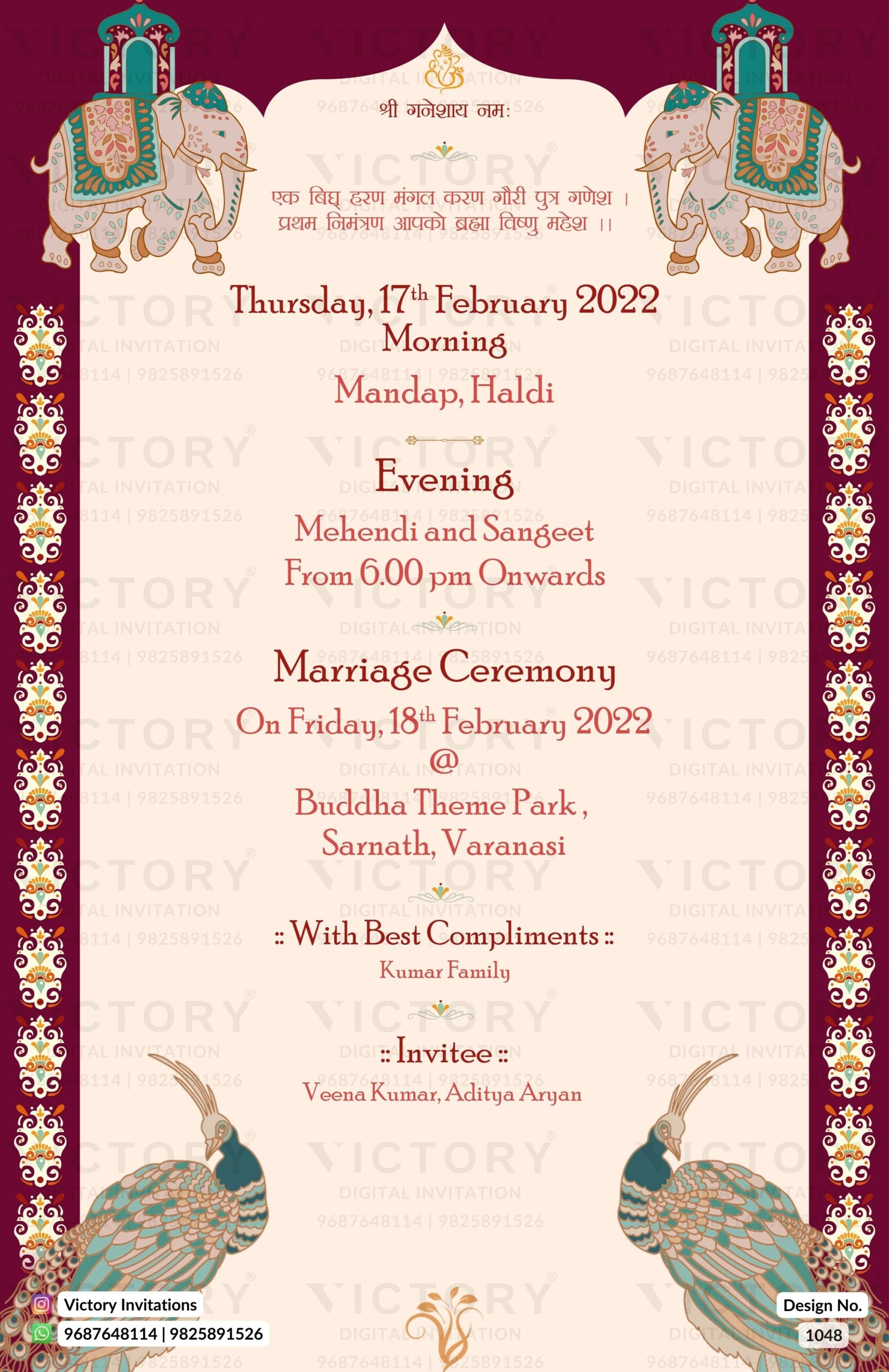 Wedding ceremony invitation card of hindu north indian bhojpuri family in English language with Traditional theme design 1048