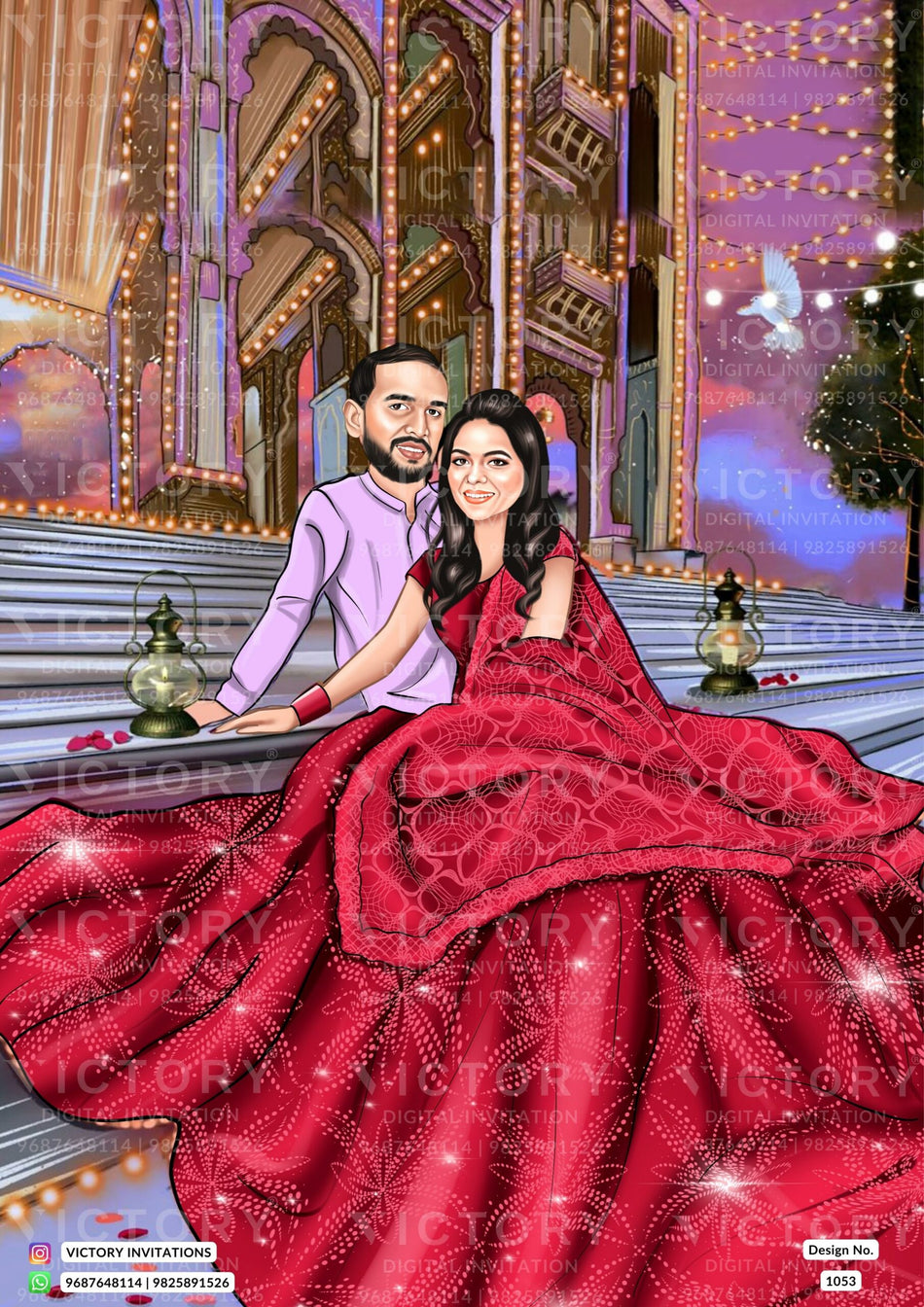 Sitting Stylish couple caricature invitation card for wedding ceremony of hindu west bengal bengali family in english language with Vintage Artistic flower theme design 1053
