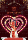 Romantic couple caricature invitation card for wedding ceremony of hindu west bengal bengali family in english language with Shining heart theme design 2182