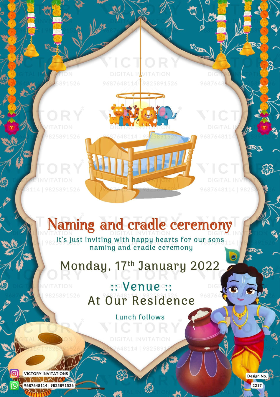 Cradle ceremony invitation card in english language with krishna doodle, cradle as traditional theme design 2217