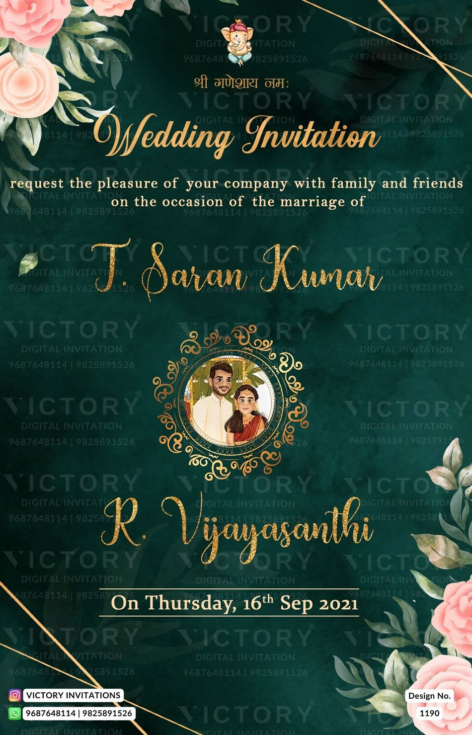 Wedding ceremony invitation card of hindu south indian tamil family in English language with floral theme design 1190