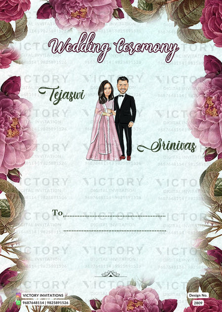 Charming couple caricature invitation card for wedding ceremony of hindu south indian telugu family in English language with Floral Design 2809