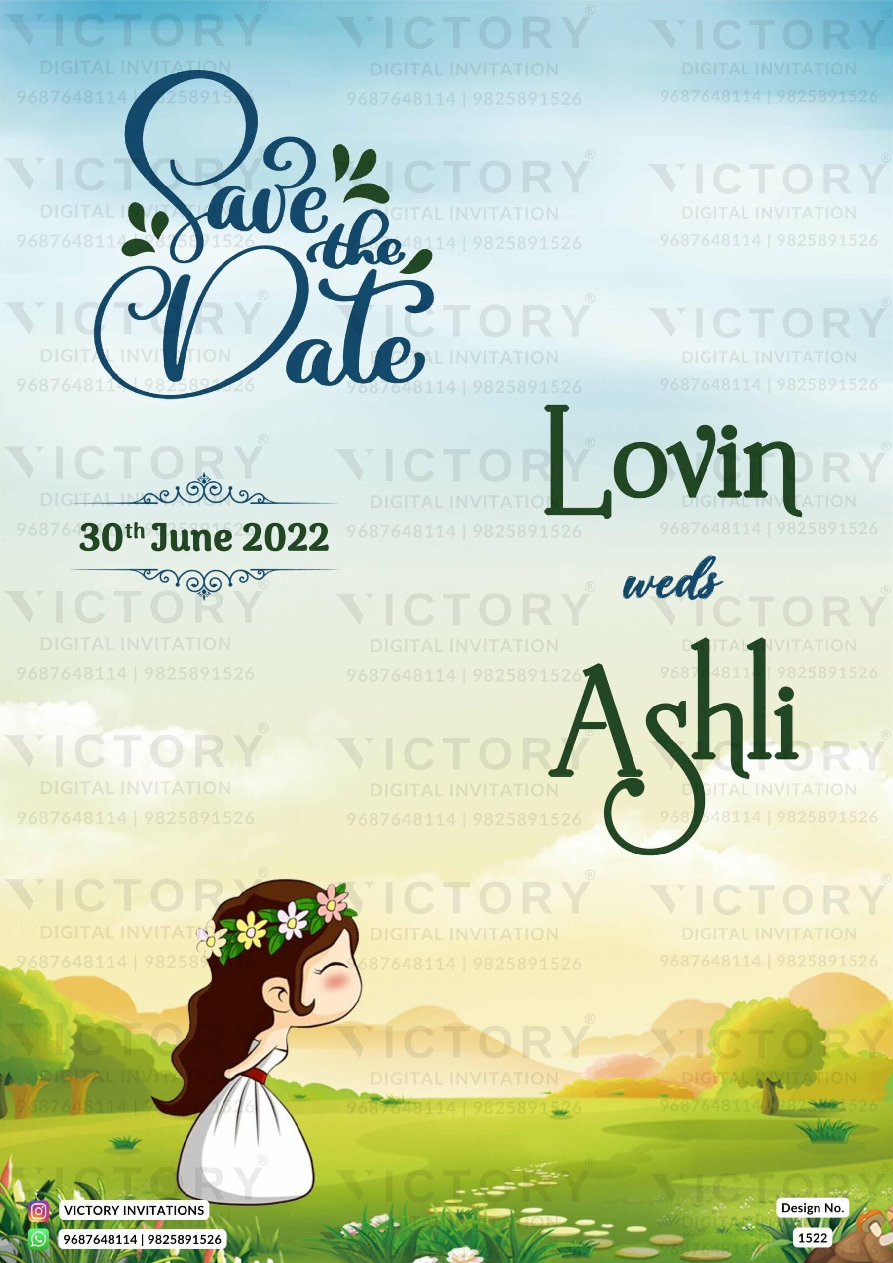 Wedding ceremony invitation card of hindu south indian malayali family in English language with garden theme design 1522