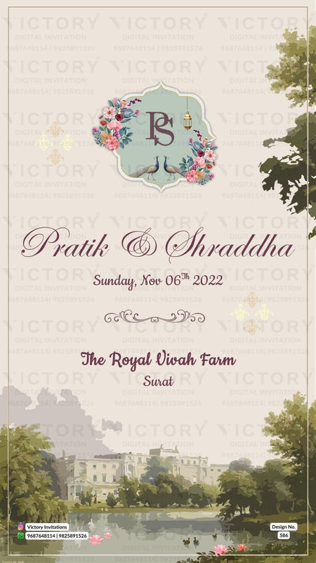 Wedding ceremony invitation card of hindu gujarati patel family in English language with traditional theme design 586