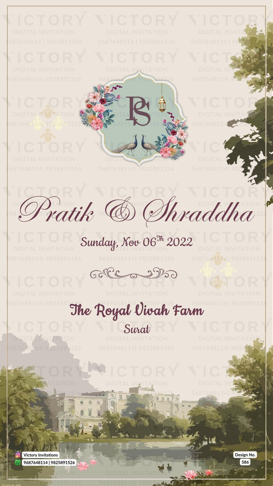 Wedding ceremony invitation card of hindu gujarati patel family in English language with traditional theme design 586