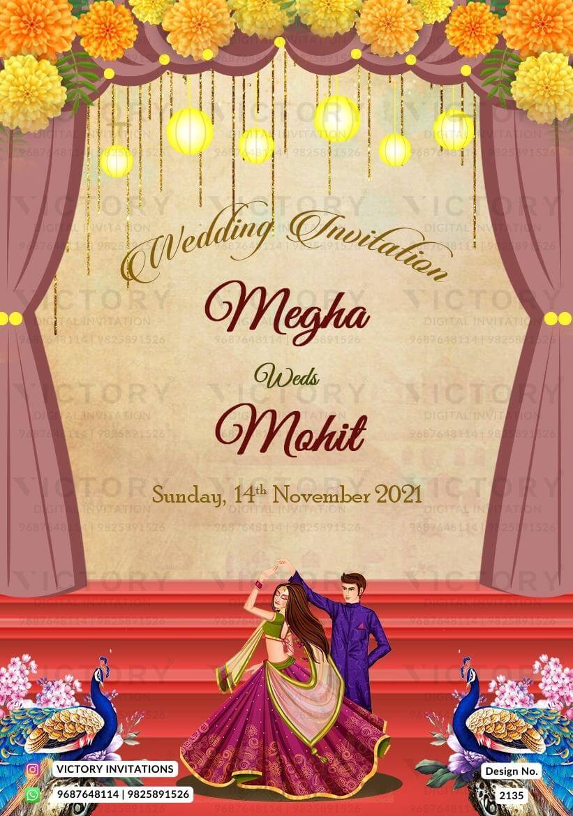Wedding ceremony invitation card of hindu punjabi haryanvi family in English language with floral theme design 2135