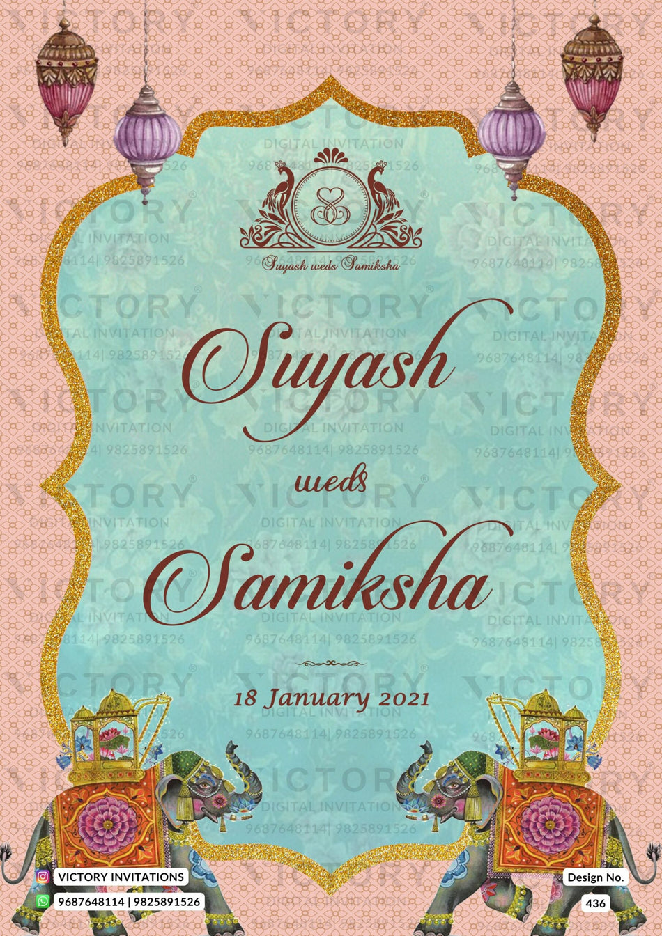 Wedding ceremony invitation card of hindu north indian family in English language with arch theme design 436