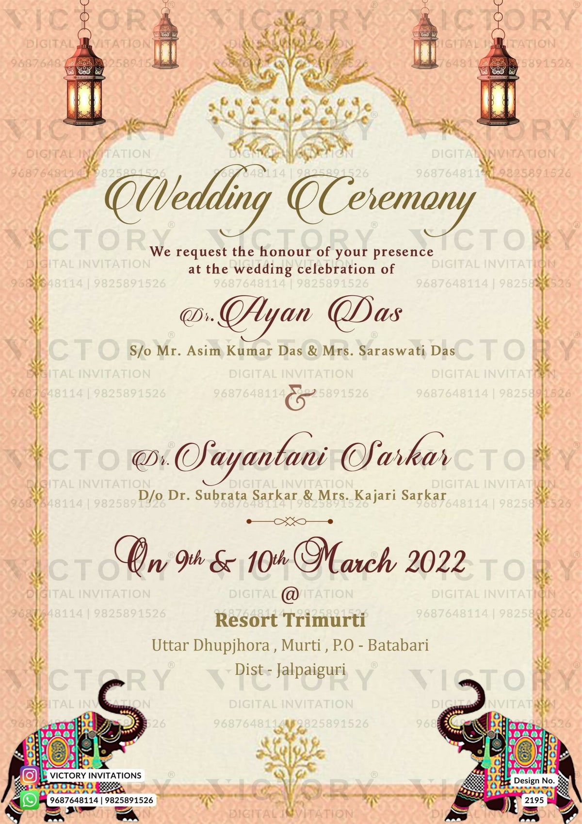 "An Exquisite Vintage-themed Digital Wedding Invitation with Burgundy Vintage Lanterns, Royal Temple Elephants, and Gold Sparrow Motifs for a Lavish Indian Hindu Wedding Celebration" Design no. 2195