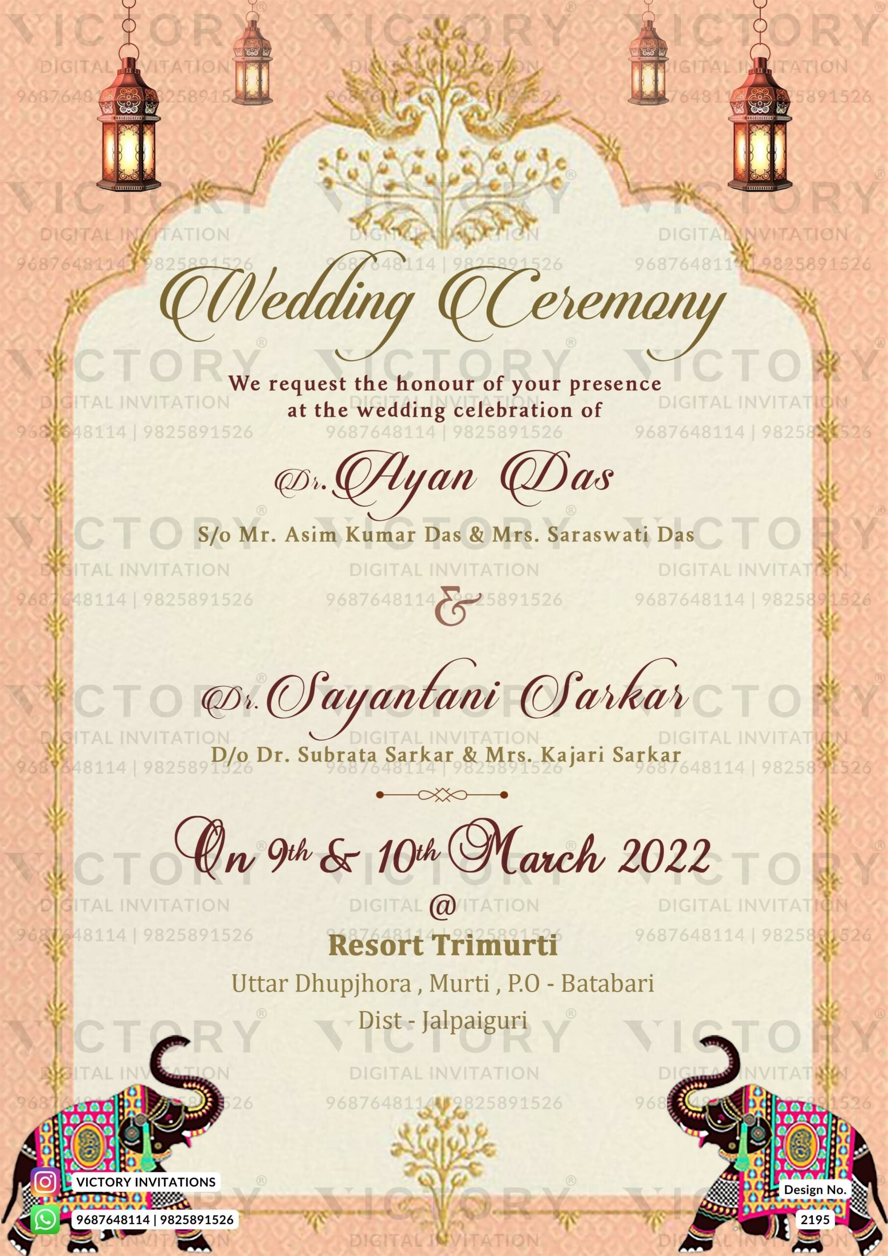 "An Exquisite Vintage-themed Digital Wedding Invitation with Burgundy Vintage Lanterns, Royal Temple Elephants, and Gold Sparrow Motifs for a Lavish Indian Hindu Wedding Celebration" Design no. 2195