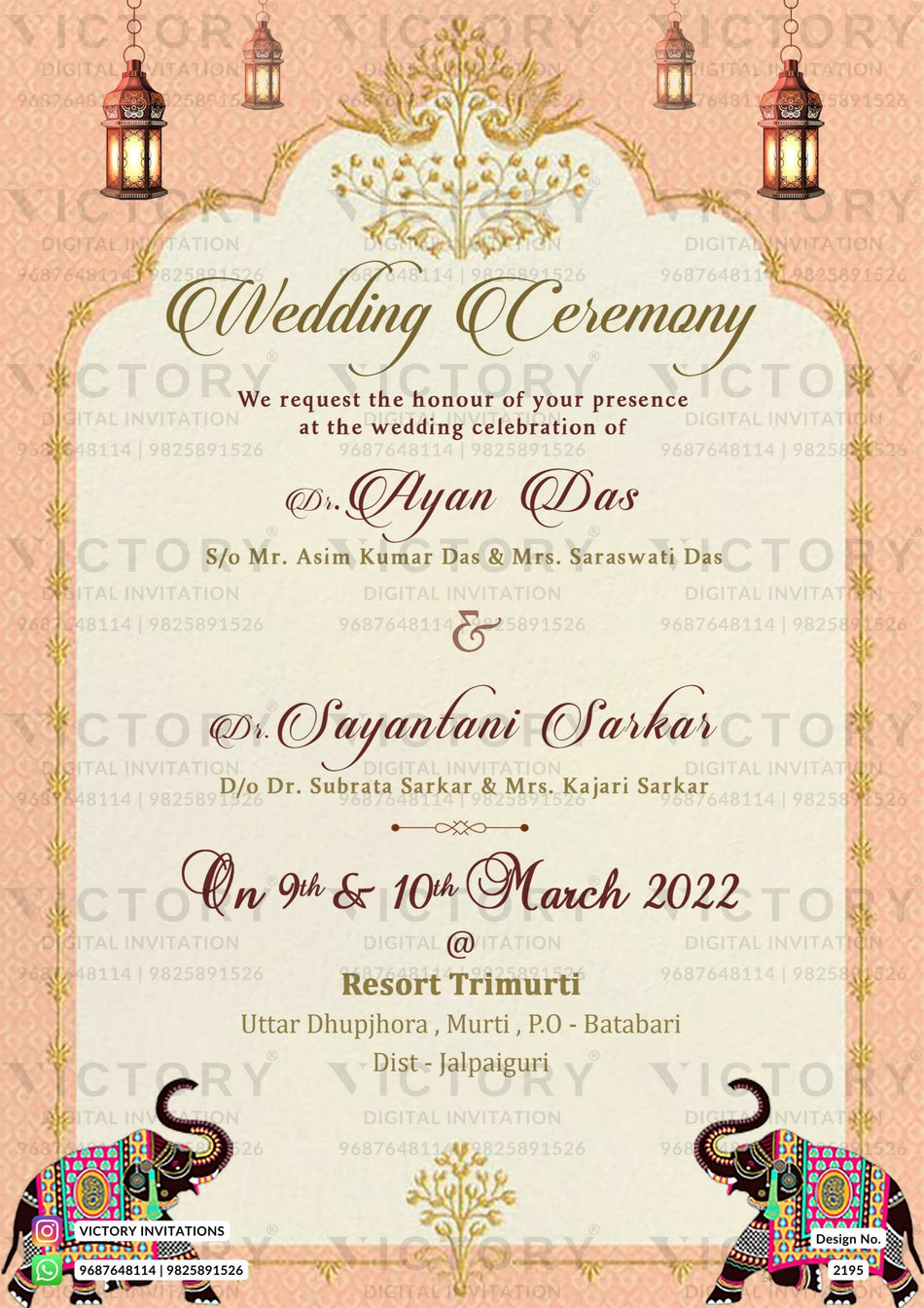 "An Exquisite Vintage-themed Digital Wedding Invitation with Burgundy Vintage Lanterns, Royal Temple Elephants, and Gold Sparrow Motifs for a Lavish Indian Hindu Wedding Celebration" Design no. 2195