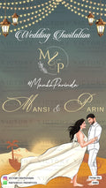 Romantic couple caricature invitation card for wedding ceremony of hindu maharashtrian marathi family in english language with Modern theme design 2485