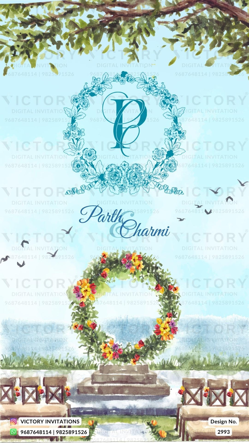 Engagement ceremony invitation card in english language with flowers, chair, couple logo as royal theme design 2993