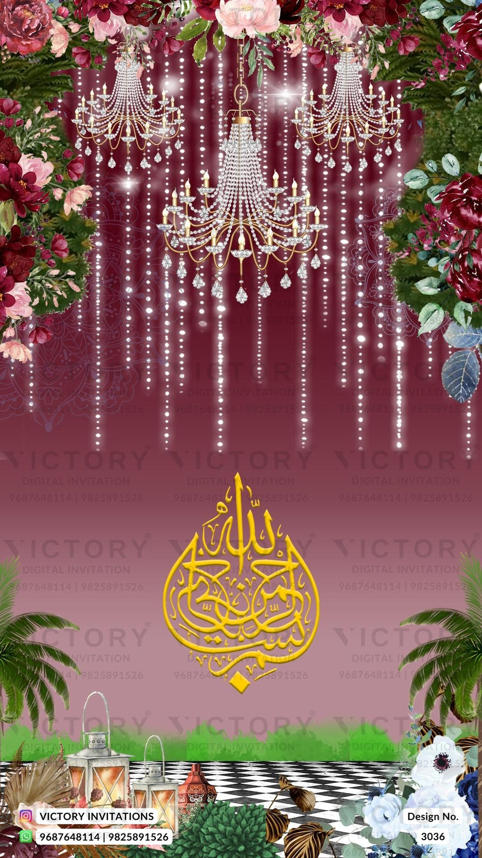 Nikah ceremony invitation card of Muslim family in english language with royal theme design 3036