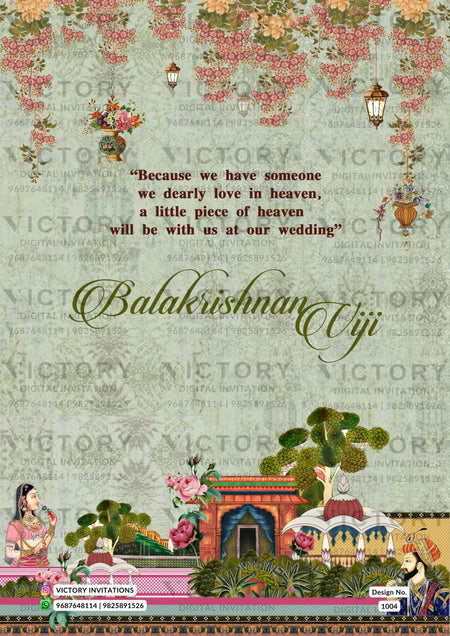 "An Enchanting Celebration Inspired by the Mughal Empire: Stunning Indian Online Wedding Invitations Featuring Intricate Illustrations and Captivating Pista-Colored Backgrounds" Design no. 1004