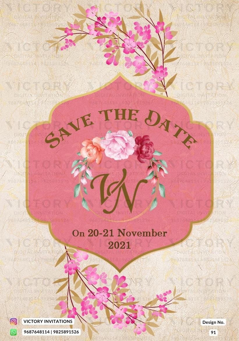 Wedding ceremony invitation card of hindu maharashtrian marathi family in english language with vintage floral theme design 91