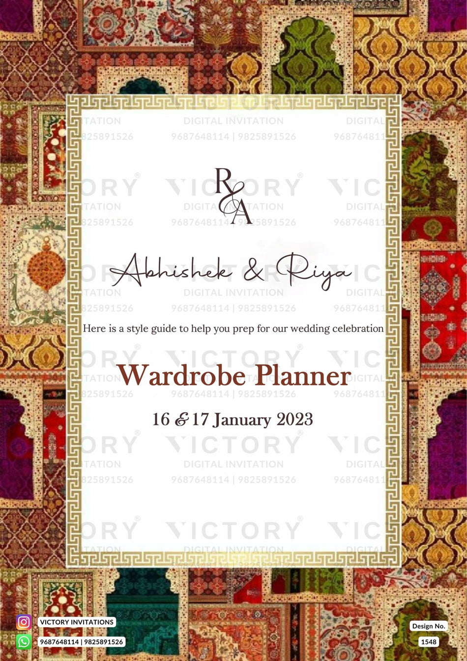 Wardrobe planner invitation card in english language with golden frame as traditional theme design 1548