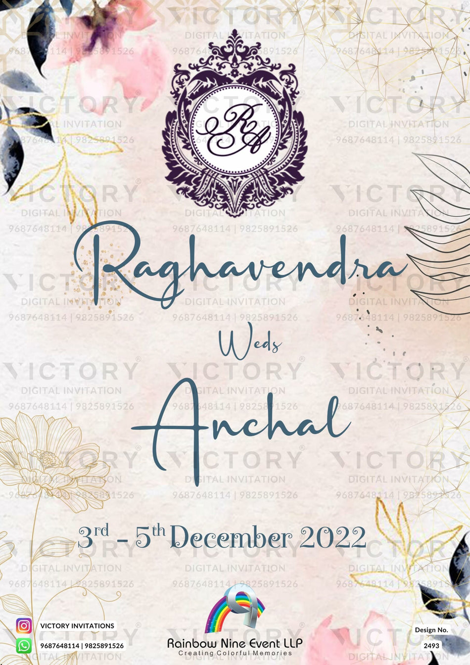 Wedding ceremony invitation card of hindu maharashtrian marathi family in English language with floral theme design 2493