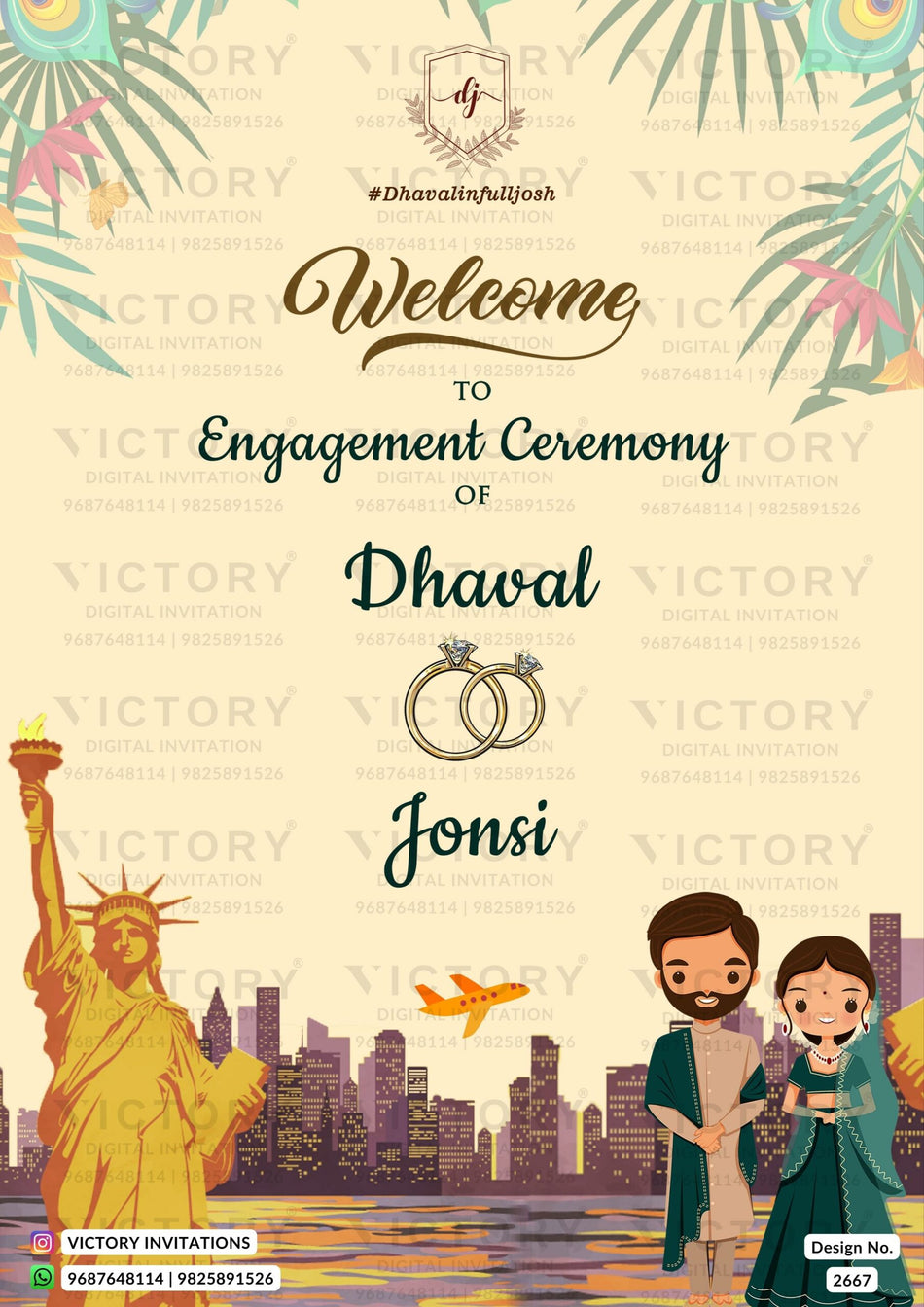 Engagement ceremony invitation card in english language with leaves, couple doodle as city view theme design 2667