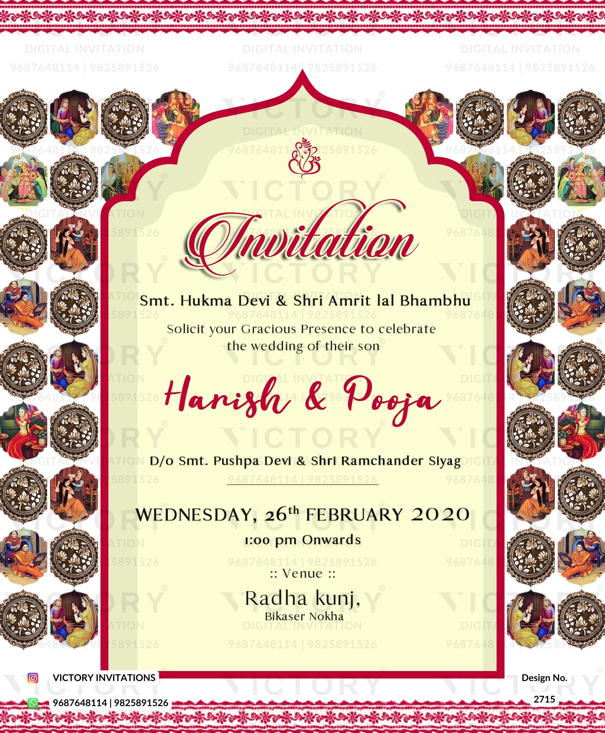 Wedding ceremony invitation card of hindu rajasthani marwari family in English language with Traditional theme design 2715