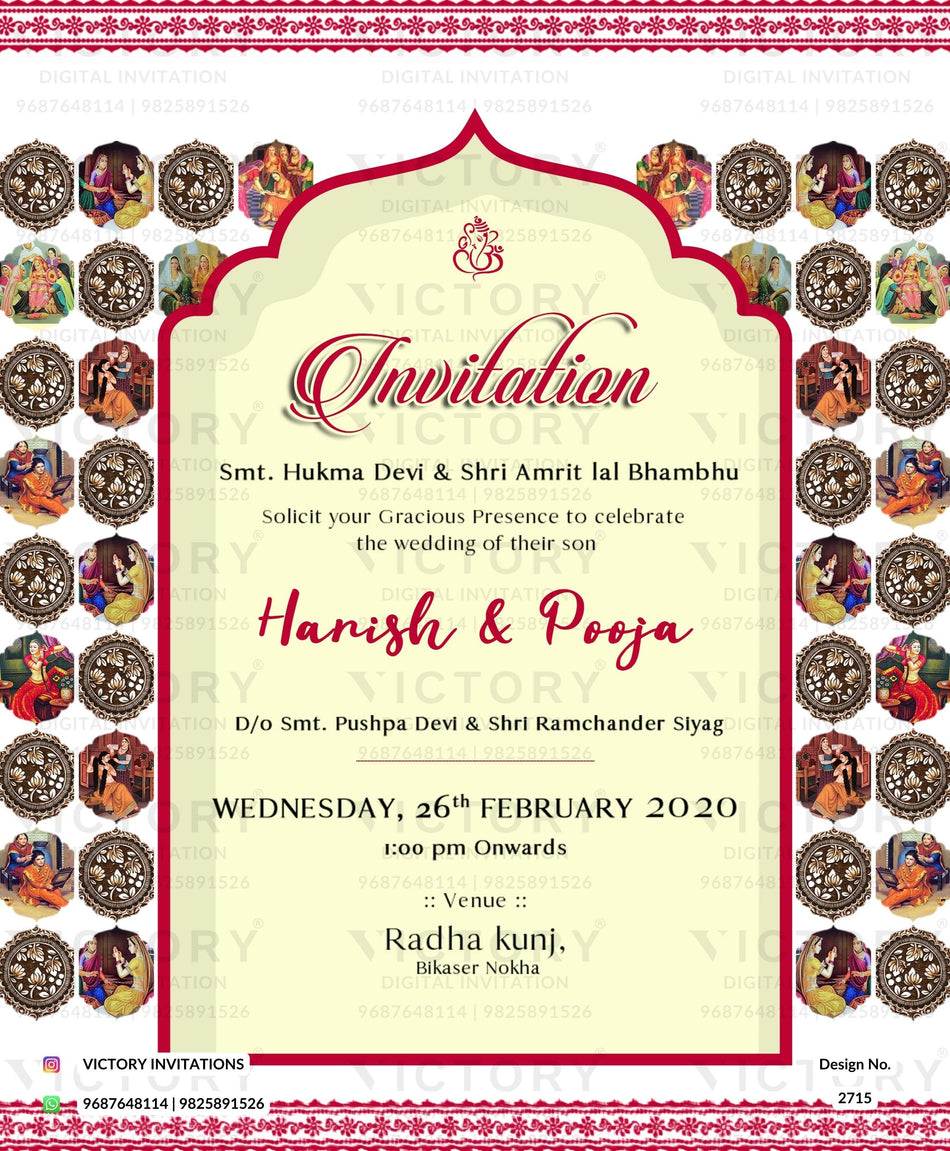 Wedding ceremony invitation card of hindu rajasthani marwari family in English language with Traditional theme design 2715
